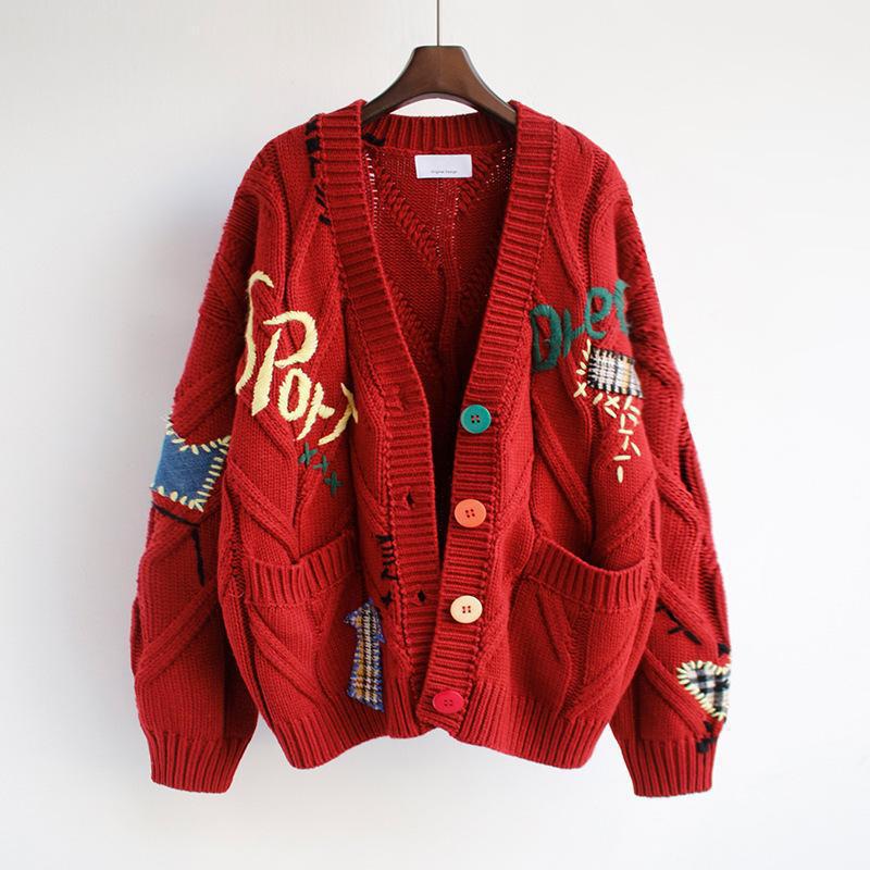 Women’s Cardigan – Oversized Fit – Chunky Knit – Embroidered – Playful Buttons