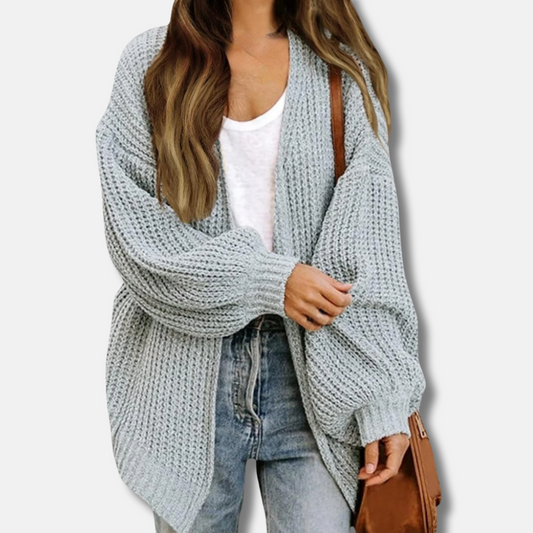 Women’s Cardigan – Oversized Fit – Chunky Knit – Open Front – Lantern Sleeves – Wool Blend