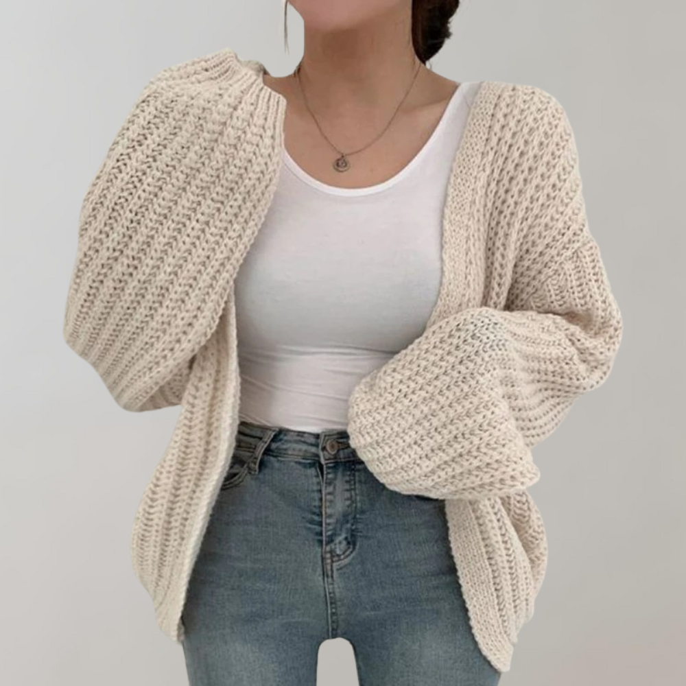 Women’s Cardigan Sweater - Oversized Relaxed Fit - Chunky Ribbed Knit - Balloon Sleeve Design