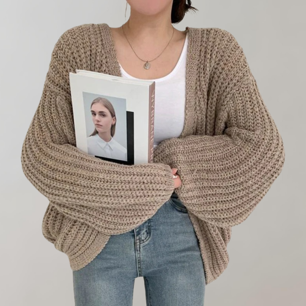 Women’s Cardigan Sweater - Oversized Relaxed Fit - Chunky Ribbed Knit - Balloon Sleeve Design