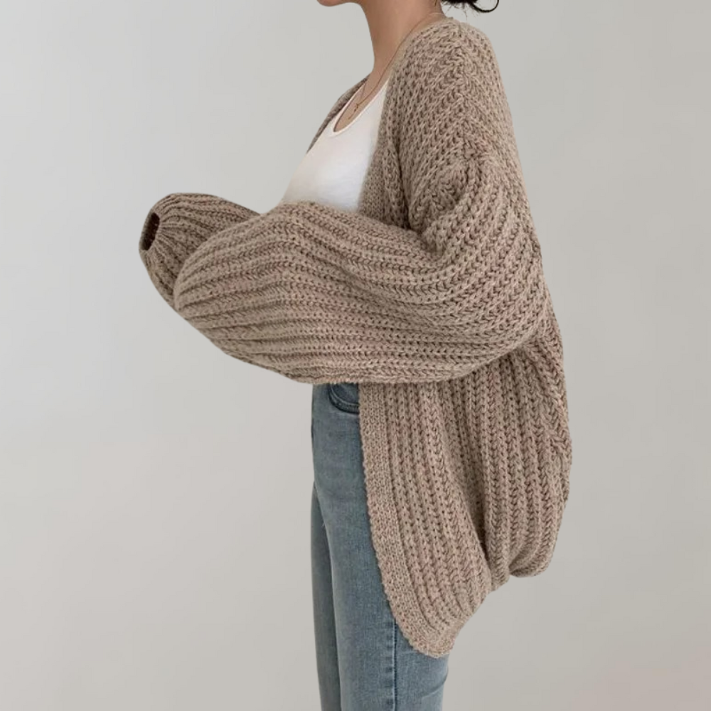 Women’s Cardigan Sweater - Oversized Relaxed Fit - Chunky Ribbed Knit - Balloon Sleeve Design
