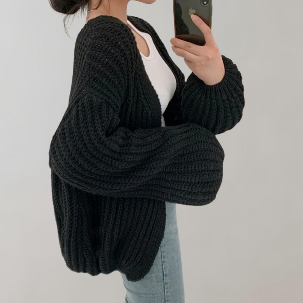 Women’s Cardigan Sweater - Oversized Relaxed Fit - Chunky Ribbed Knit - Balloon Sleeve Design