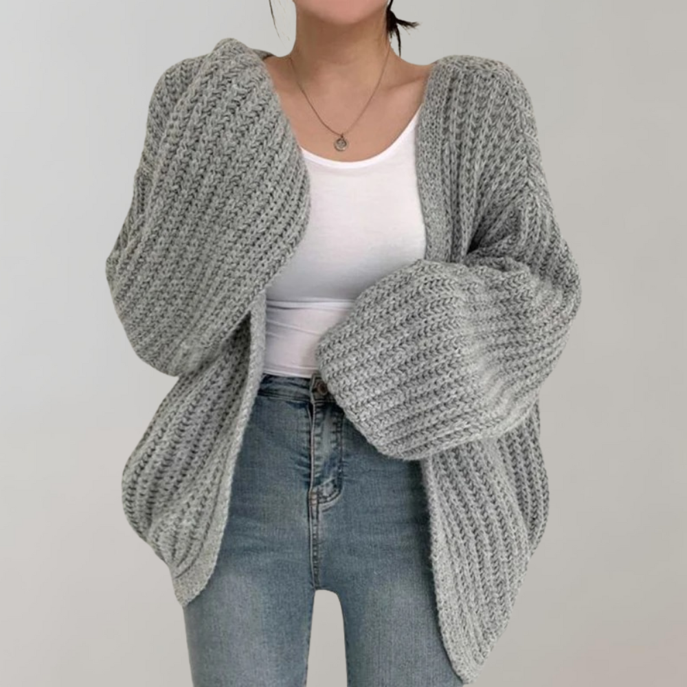 Women’s Cardigan Sweater - Oversized Relaxed Fit - Chunky Ribbed Knit - Balloon Sleeve Design