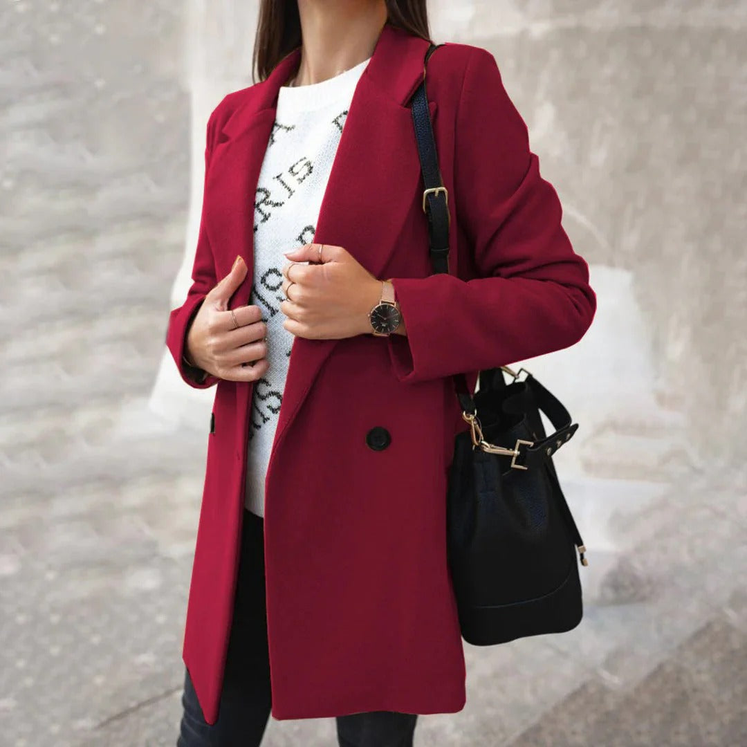 Women’s Coat – Tailored Fit – Wool Look – Double Breasted – Mid Length