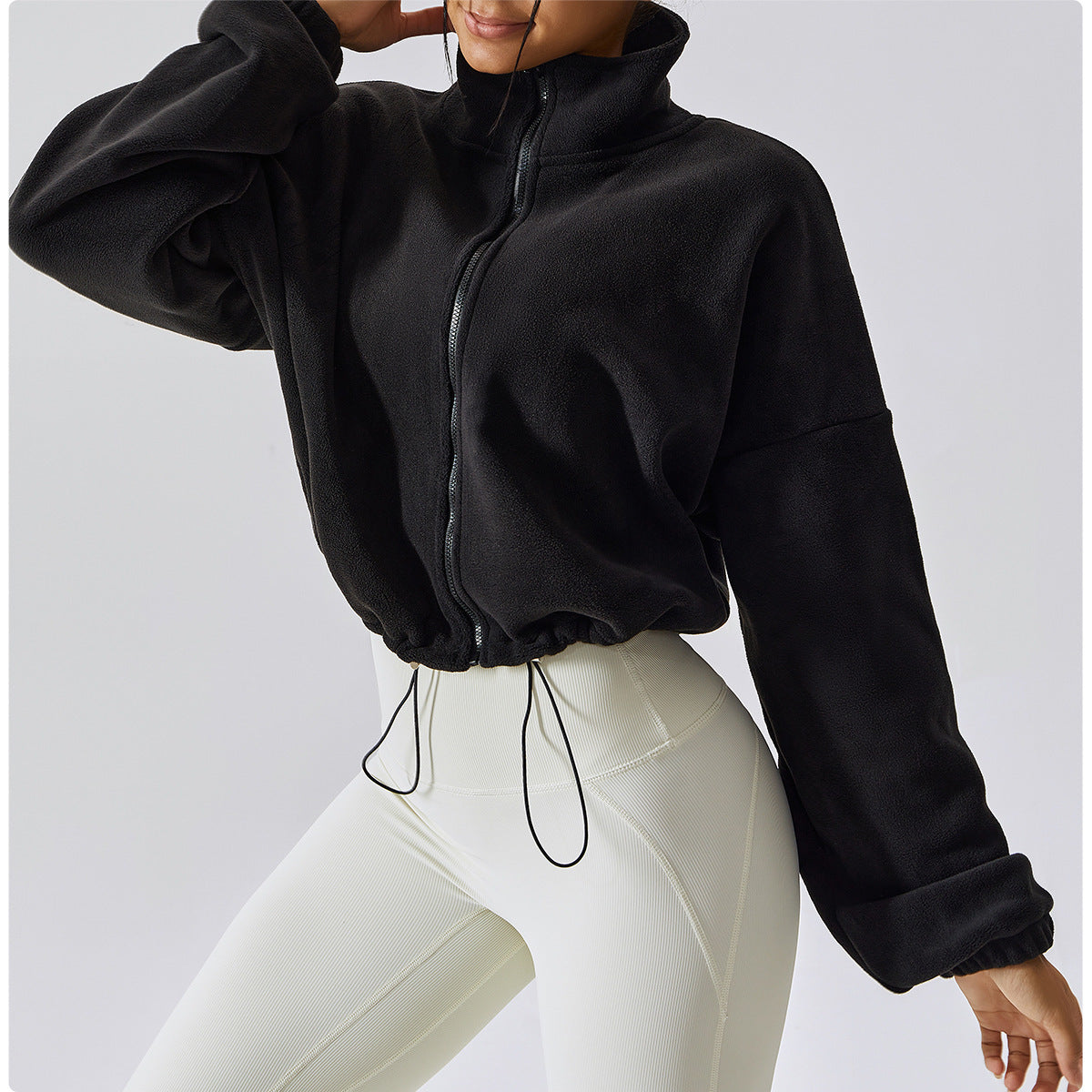 Women’s Cropped Jacket – Plush Fleece – Loose Fit – Zip Front – Adjustable Hem
