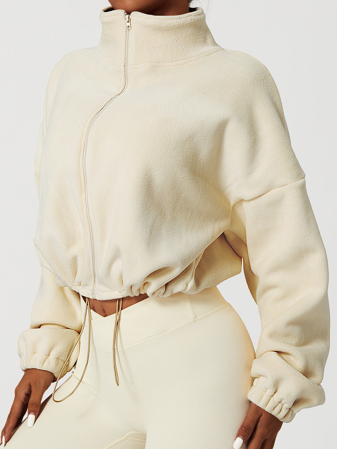 Women’s Cropped Jacket – Plush Fleece – Loose Fit – Zip Front – Adjustable Hem