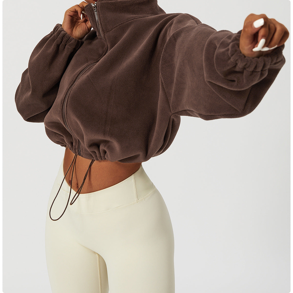 Women’s Cropped Jacket – Plush Fleece – Loose Fit – Zip Front – Adjustable Hem