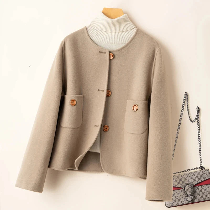 Women’s Cropped Jacket - Wool Blend - Relaxed Structured Fit - Collarless Round Neck - Decorative Button Closure