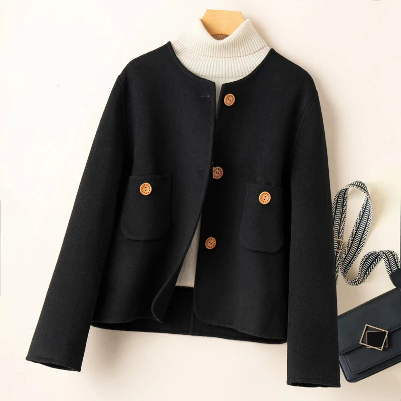 Women’s Cropped Jacket - Wool Blend - Relaxed Structured Fit - Collarless Round Neck - Decorative Button Closure