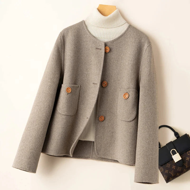 Women’s Cropped Jacket - Wool Blend - Relaxed Structured Fit - Collarless Round Neck - Decorative Button Closure