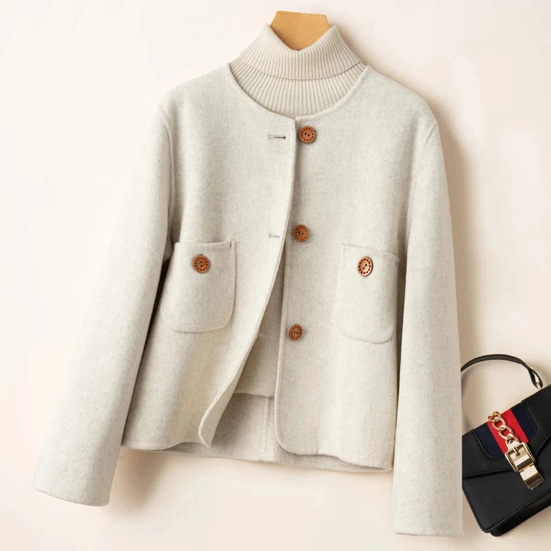 Women’s Cropped Jacket - Wool Blend - Relaxed Structured Fit - Collarless Round Neck - Decorative Button Closure