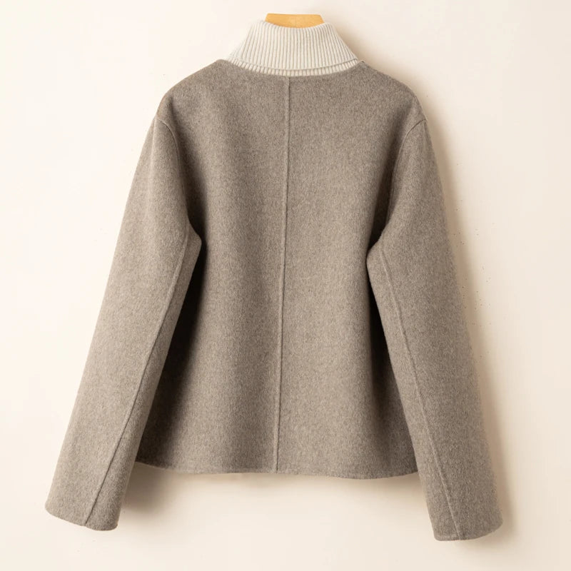 Women’s Cropped Jacket - Wool Blend - Relaxed Structured Fit - Collarless Round Neck - Decorative Button Closure