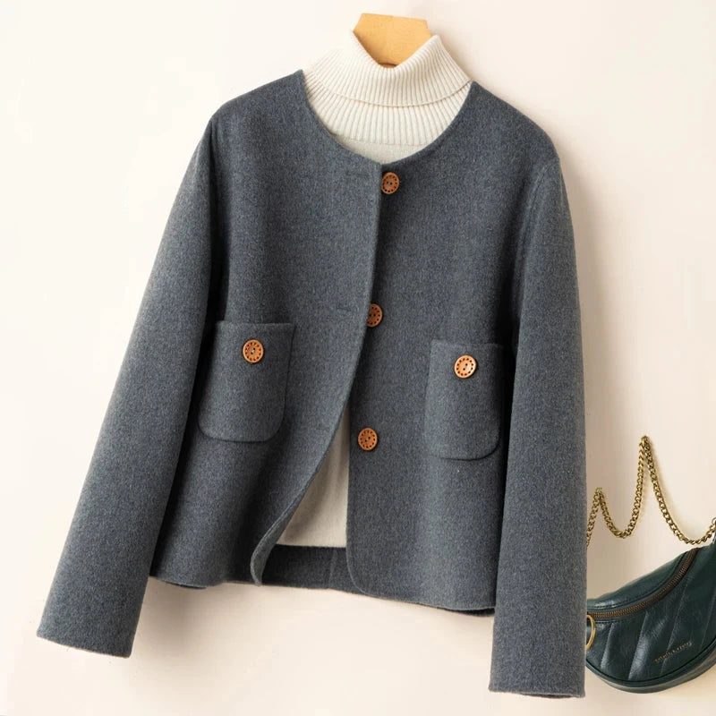 Women’s Cropped Jacket - Wool Blend - Relaxed Structured Fit - Collarless Round Neck - Decorative Button Closure