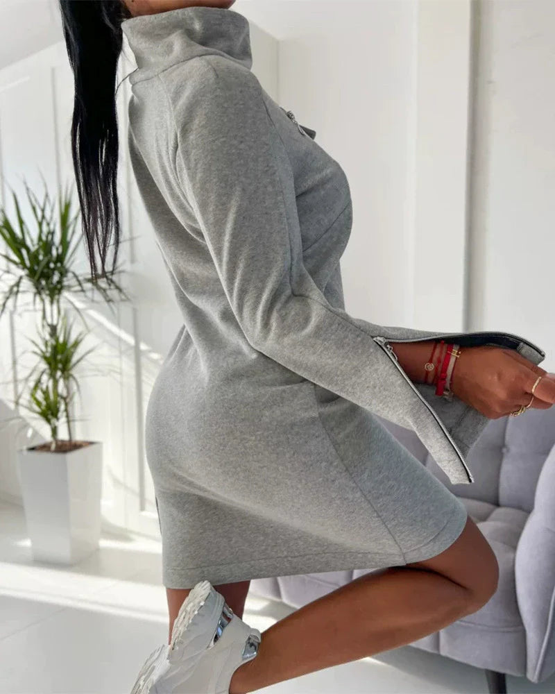 Women’s Dress – Slim Fit – Soft Knit – High Neck – Zipper Detail – Above Knee