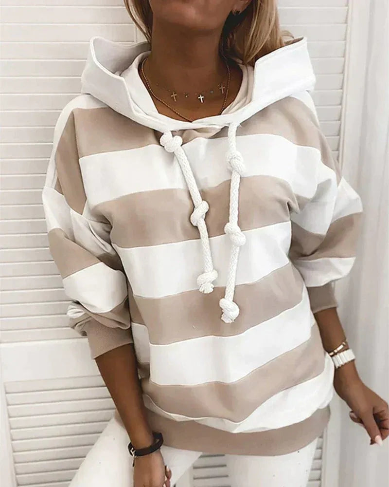 Women’s Hoodie – Oversized Fit – Cotton Blend – Striped – Ribbed Hem – Drawstring Knot