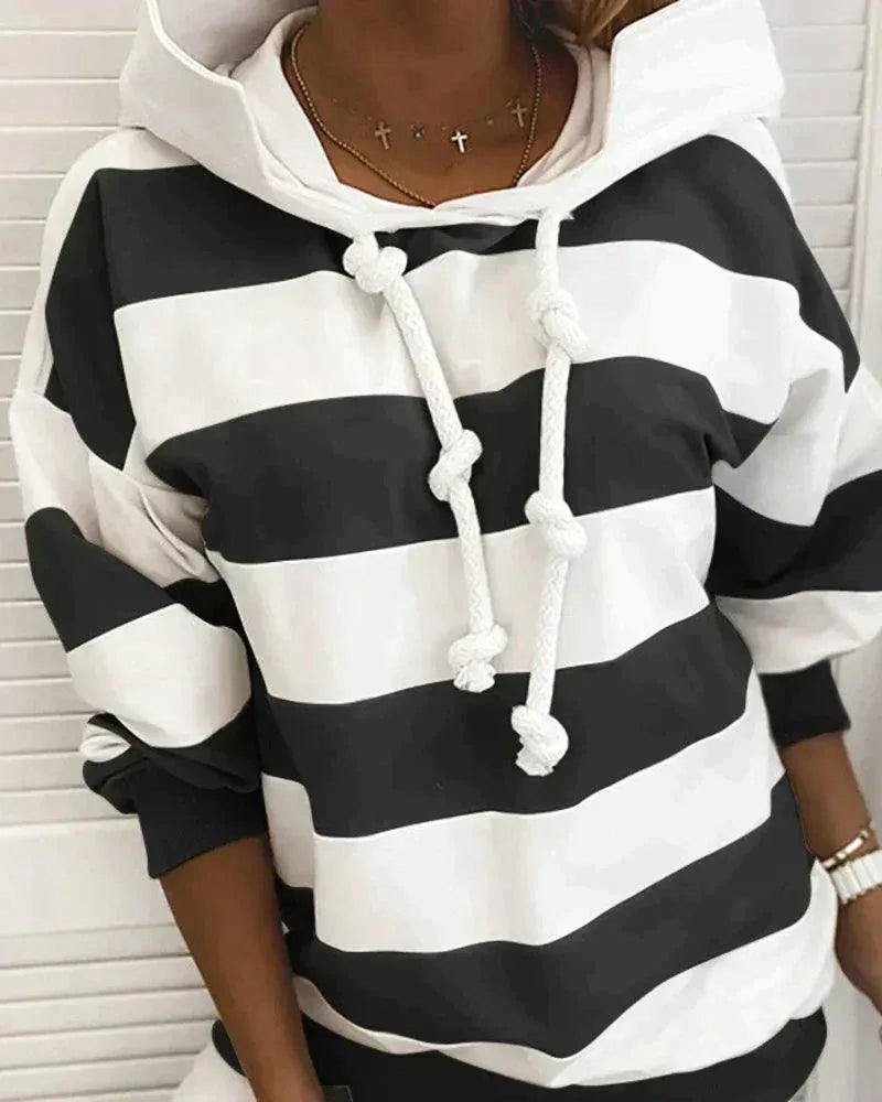 Women’s Hoodie – Oversized Fit – Cotton Blend – Striped – Ribbed Hem – Drawstring Knot