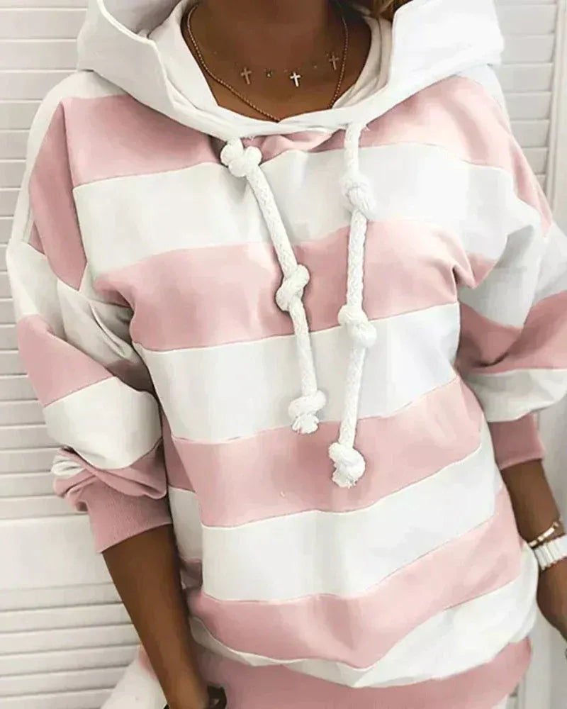 Women’s Hoodie – Oversized Fit – Cotton Blend – Striped – Ribbed Hem – Drawstring Knot