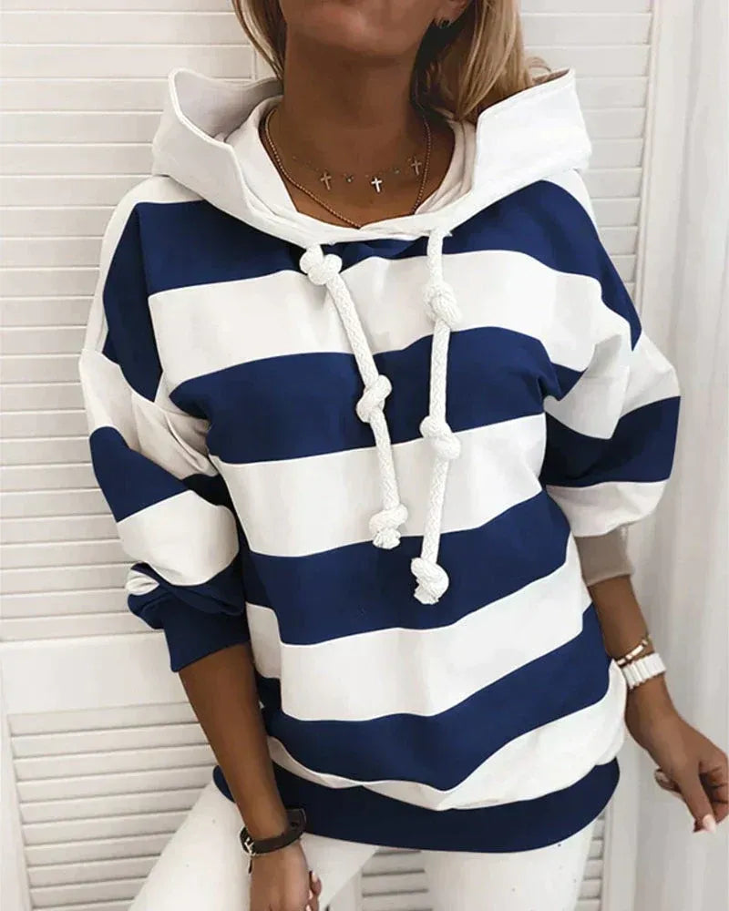 Women’s Hoodie – Oversized Fit – Cotton Blend – Striped – Ribbed Hem – Drawstring Knot
