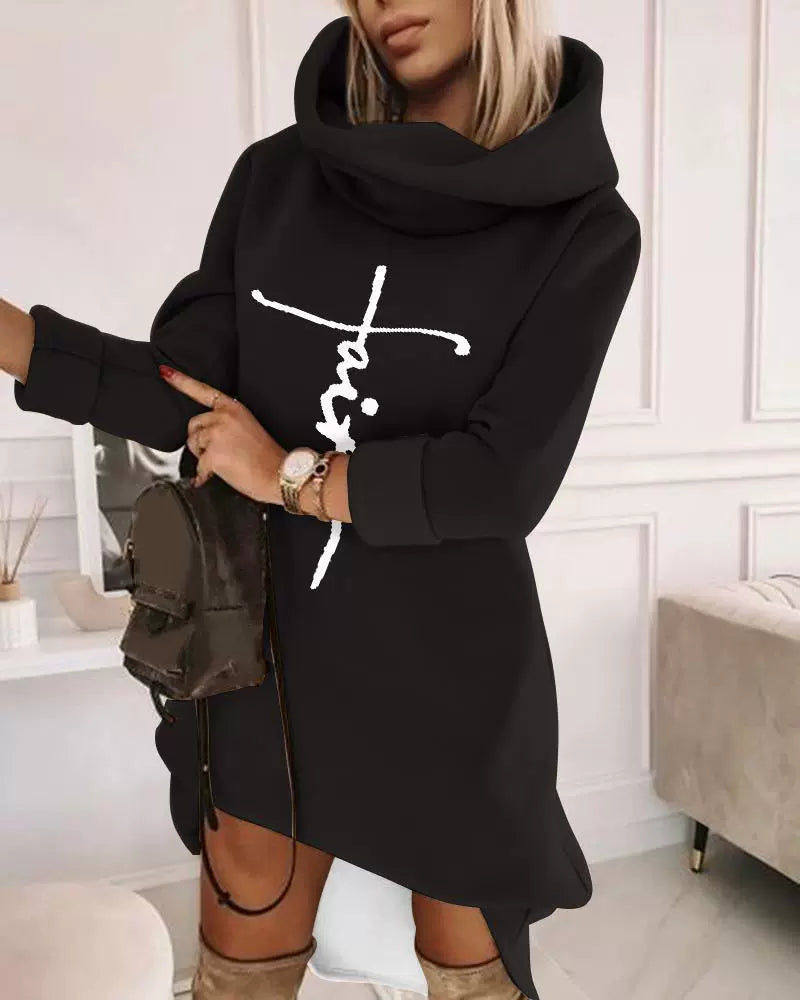Women’s Hoodie – Relaxed Fit – Soft Knit – Asymmetrical Hem – Turtleneck Hood – Pocket