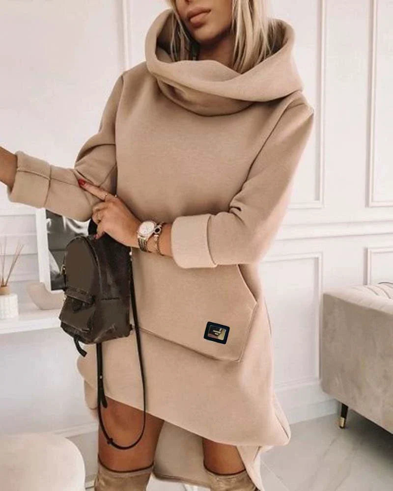 Women’s Hoodie – Relaxed Fit – Soft Knit – Asymmetrical Hem – Turtleneck Hood – Pocket