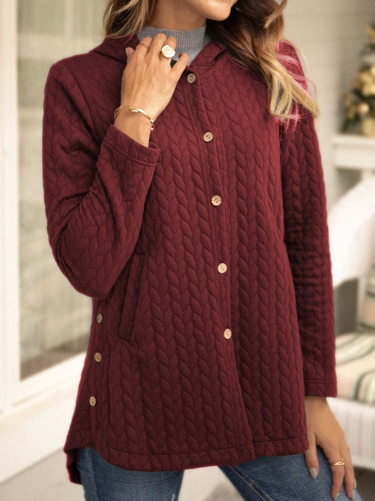 Women’s Hoodie Sweatshirt – Quilted – Relaxed Fit – Button Front – Mid Length Layer