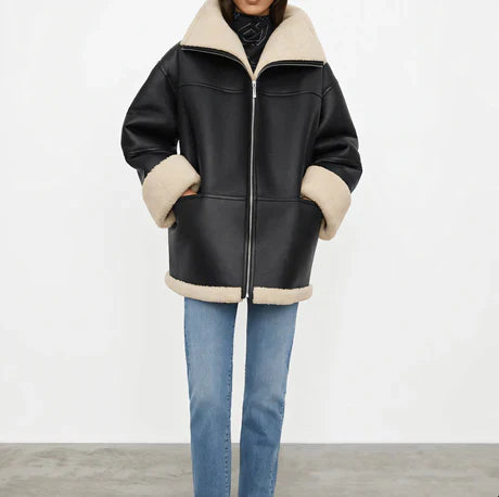 Women’s Jacket – Oversized Relaxed Fit – Faux Leather Look – Plush Lining – Zip Front