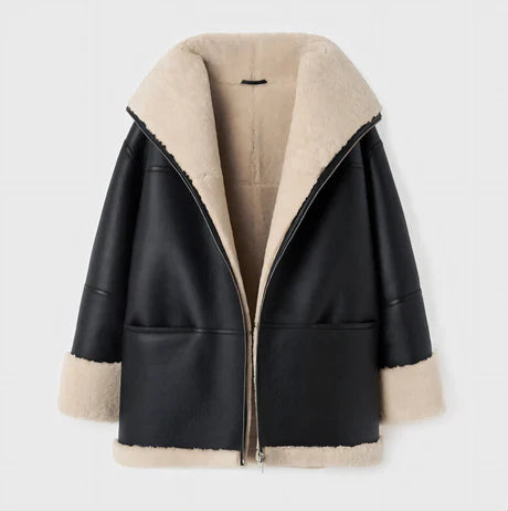 Women’s Jacket – Oversized Relaxed Fit – Faux Leather Look – Plush Lining – Zip Front