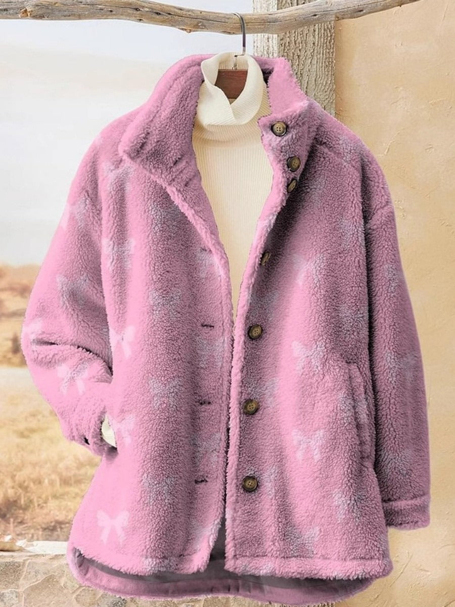 Women’s Jacket – Relaxed Fit – Fleece Look – Button Closure – High Collar – Striped Design