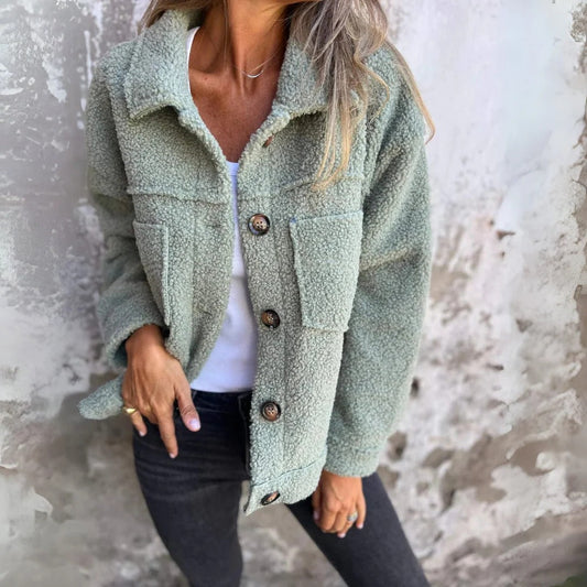 Women’s Jacket – Relaxed Fit – Wool-Like Texture – Wide Lapels – Patch Pockets