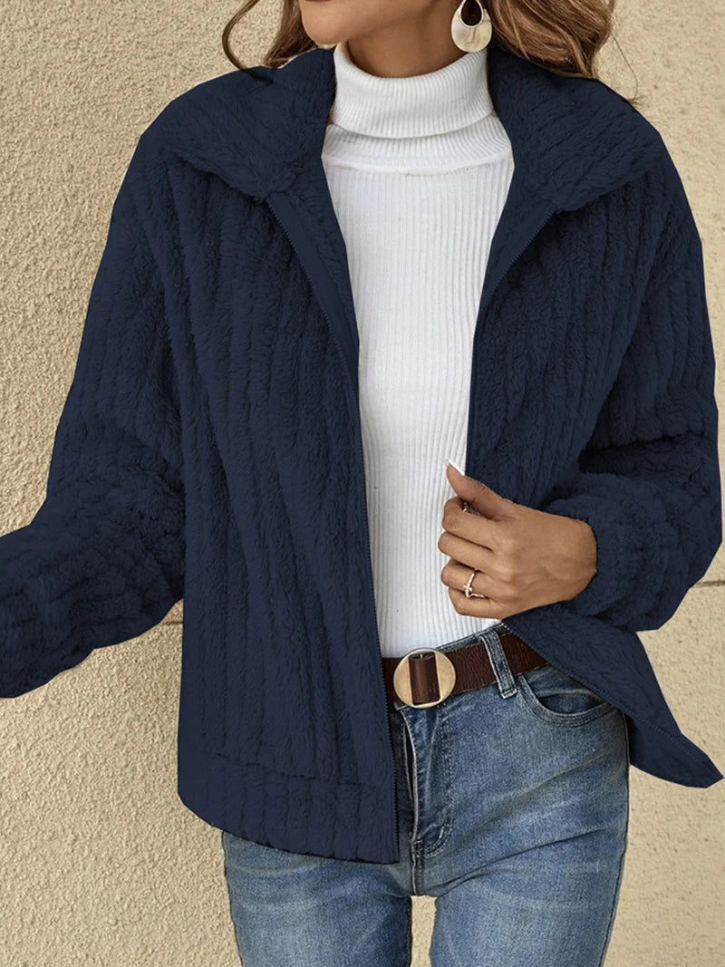 Women’s Jacket - Ultra-Soft Fleece - Ribbed Texture - Relaxed Fit - Cropped Length