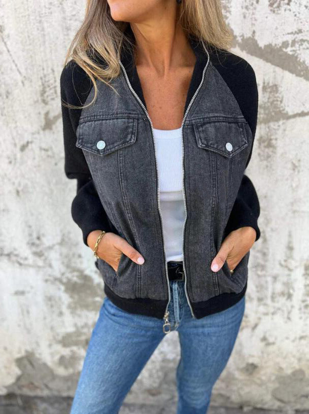 Women’s Jacket – Wool Blend with Denim Panels – Zip Front – Hip Length Casual Fit