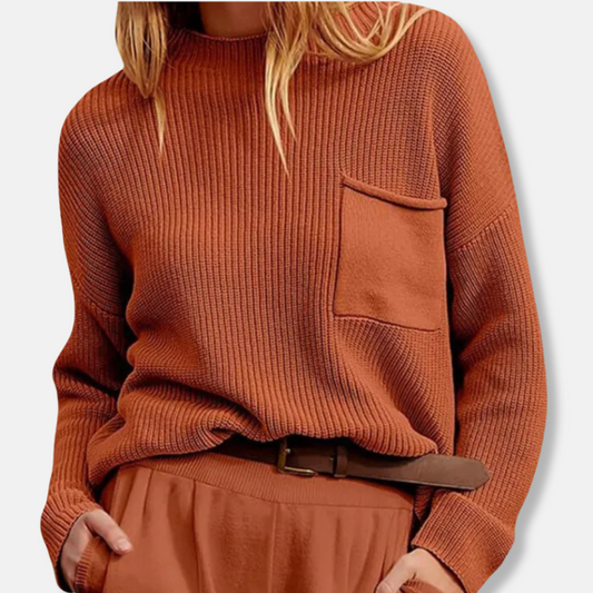 Women’s Knit Sweater – Ribbed Texture – Relaxed Fit – Round Neck – Long Sleeve – Patch Pocket