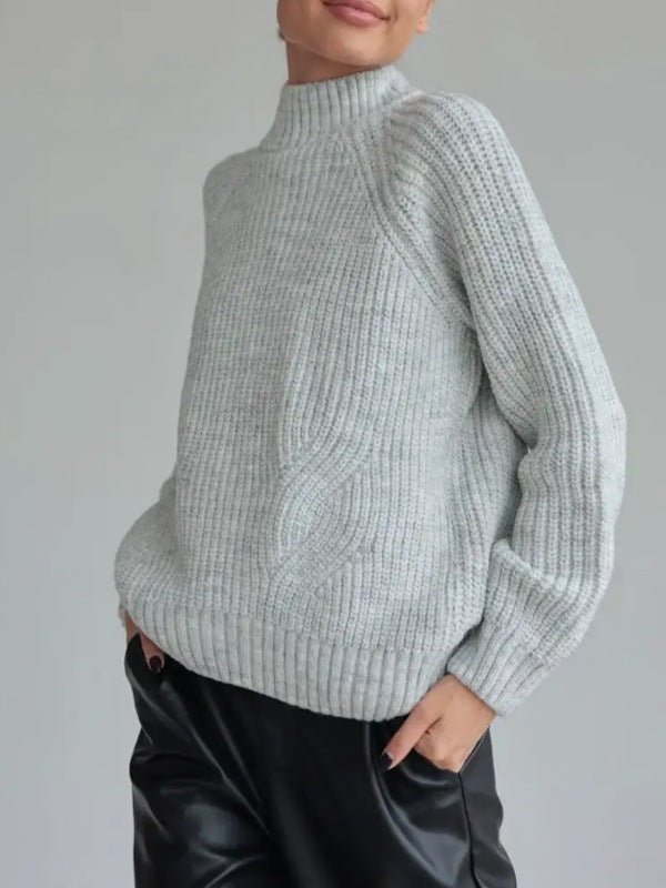 Women’s Knit Sweater – Wool Blend – Loose Fit – Mock Neck – Raglan Sleeves – Ribbed