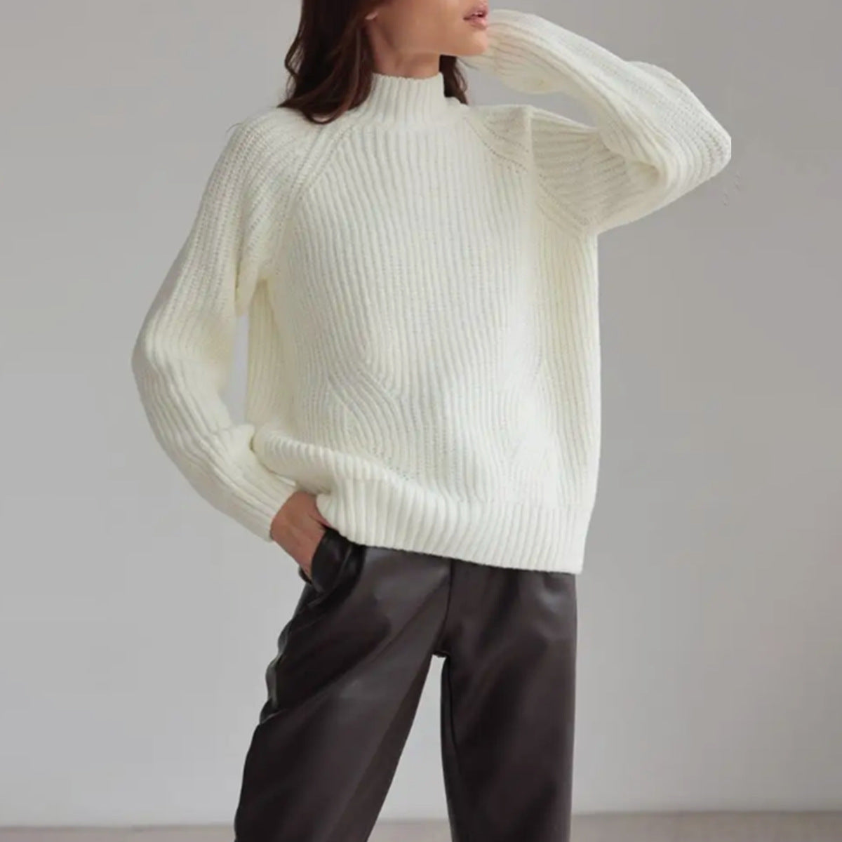 Women’s Knit Sweater – Wool Blend – Loose Fit – Mock Neck – Raglan Sleeves – Ribbed