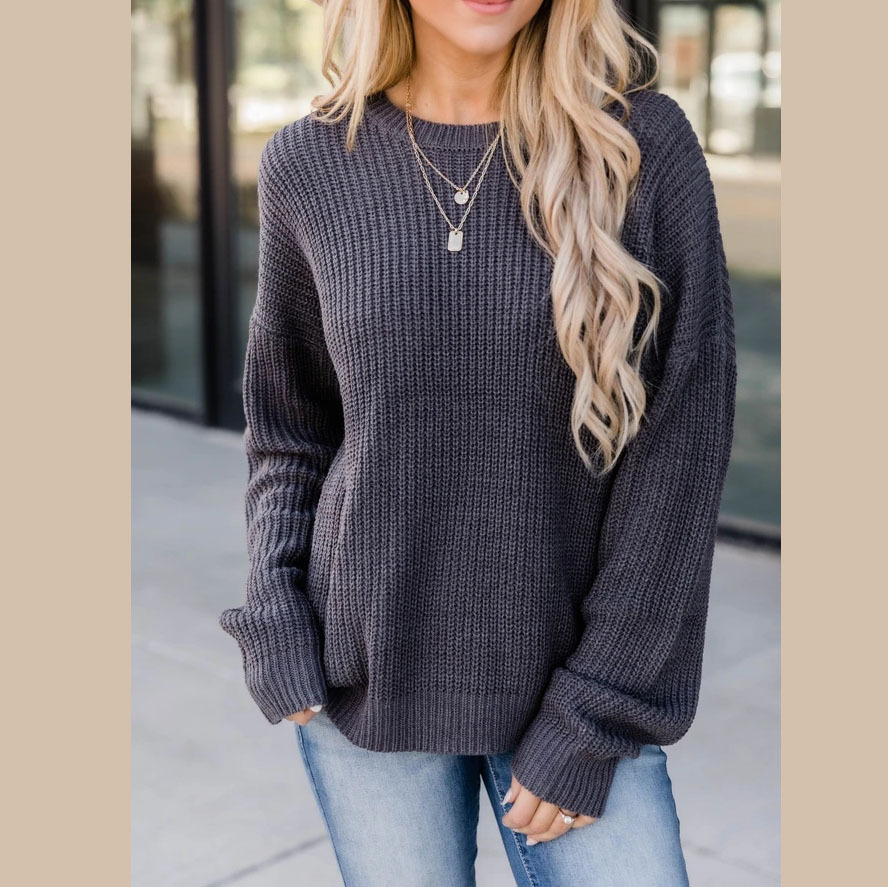 Women’s Knit Sweater – Wool Blend – Relaxed Fit – Ribbed Texture – Long Sleeve – Round Neck