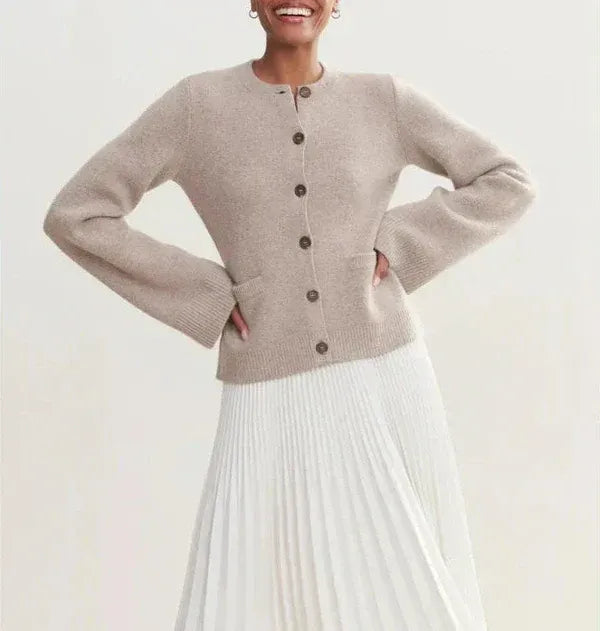 Women’s Knitted Cardigan – Relaxed Fit – Wide Sleeves – Button Front – Ribbed Trim
