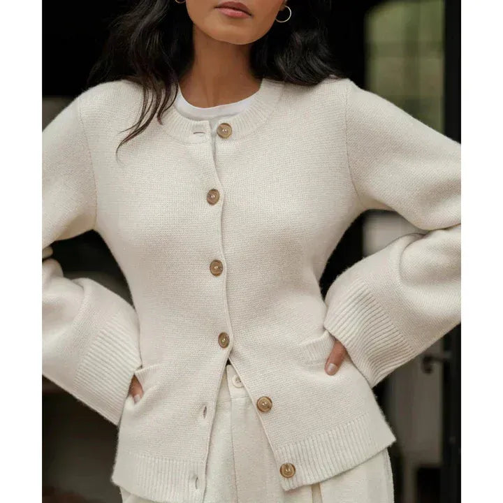 Women’s Knitted Cardigan – Relaxed Fit – Wide Sleeves – Button Front – Ribbed Trim