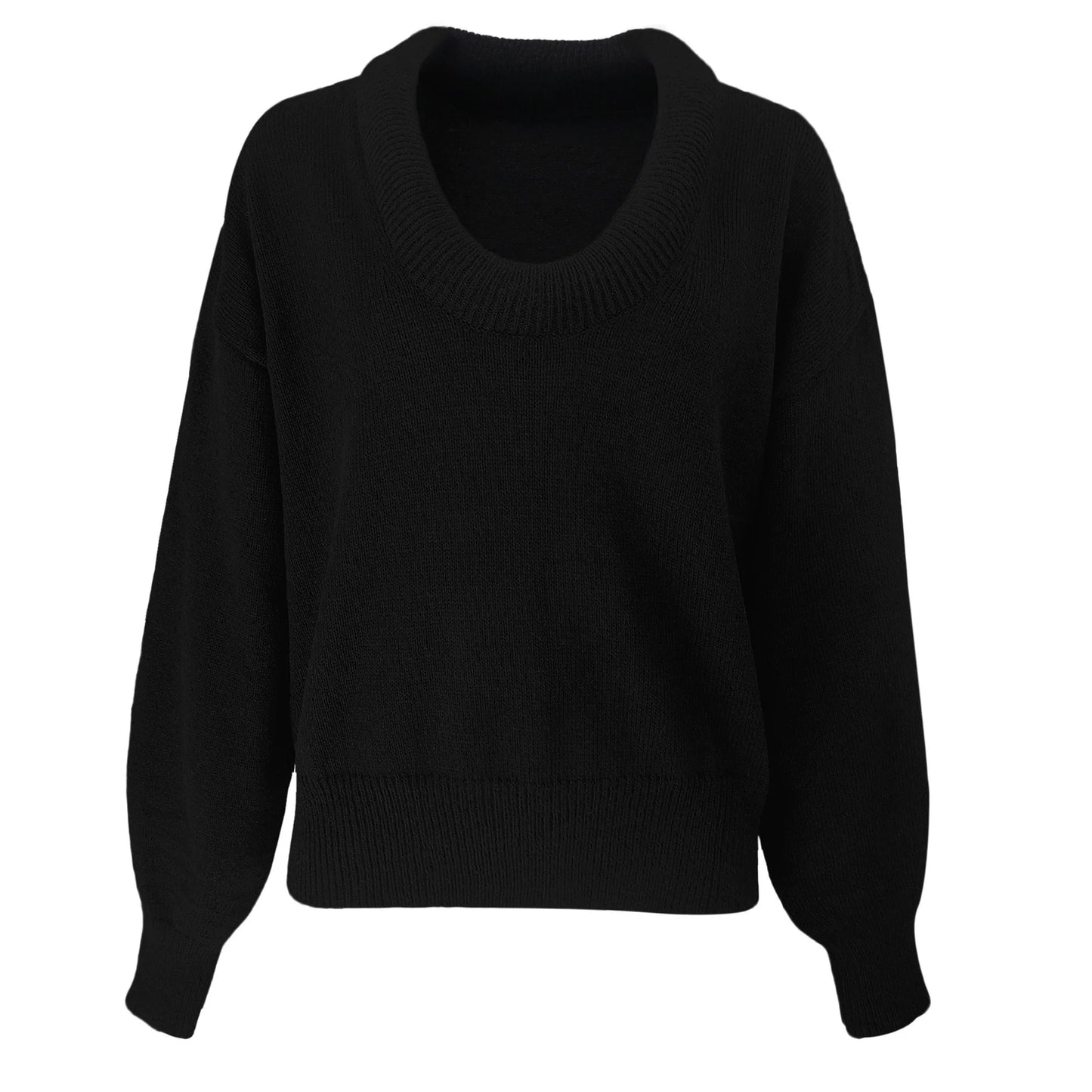 Women’s Knitted Sweater – Loose Fit – Deep V-Neck – Balloon Sleeves – Ribbed Trim