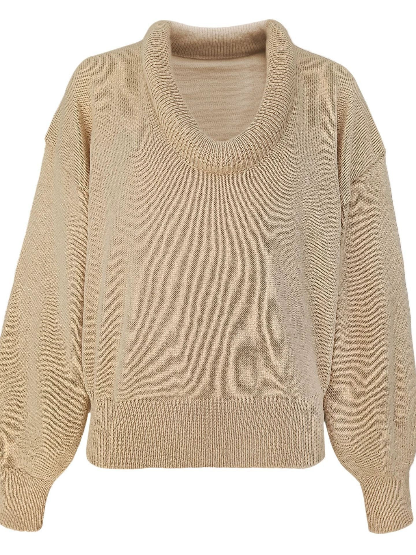 Women’s Knitted Sweater – Loose Fit – Deep V-Neck – Balloon Sleeves – Ribbed Trim