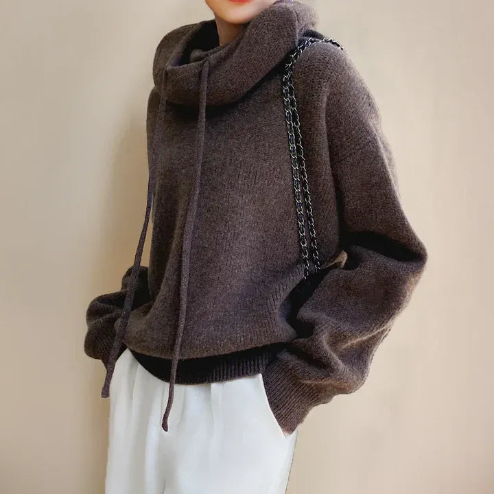 Women’s Knitted Sweater– Oversized Relaxed Fit – Soft Knit – Cowl Neck Drawstring