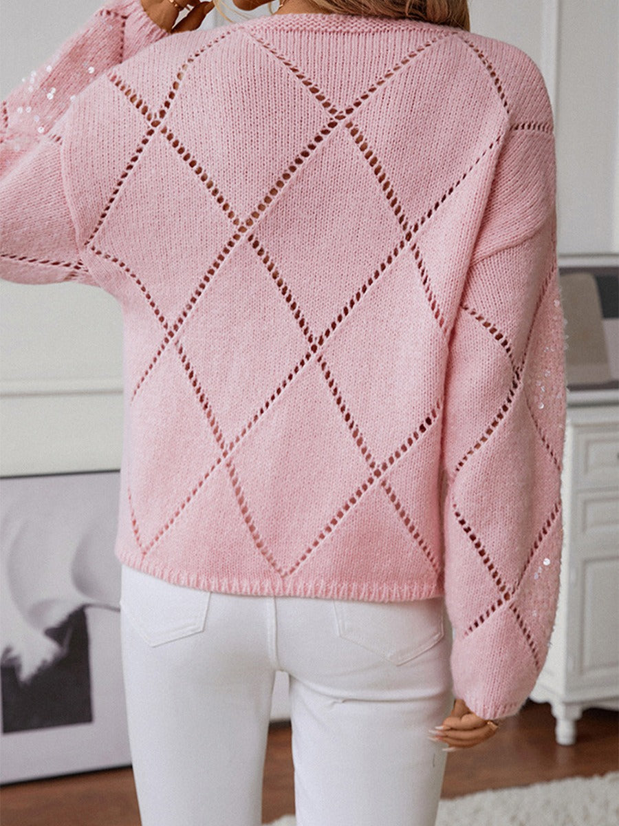 Women’s Knitted Sweatshirt – Relaxed Fit – Diamond Openwork – Sequin Embellished Sleeves