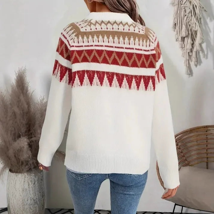 Women’s Knitted Sweatshirt – Relaxed Fit – Mock Neck – Wool Blend – Geometric Pattern