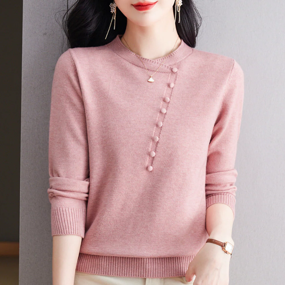 Women’s Knitted Top – Relaxed Fit – Asymmetrical Neckline – Button Detail – Ribbed Trim