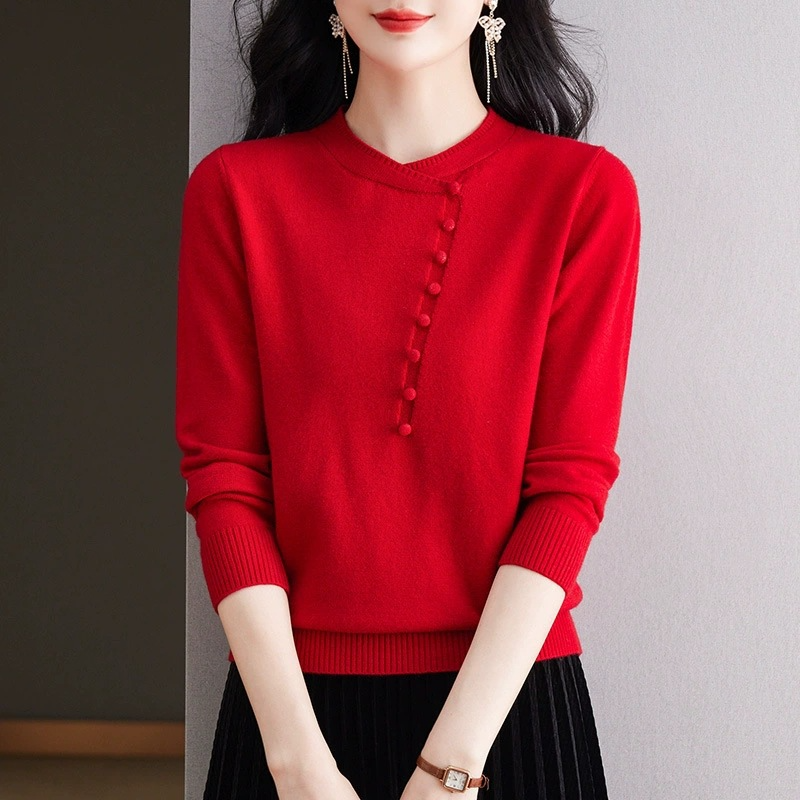 Women’s Knitted Top – Relaxed Fit – Asymmetrical Neckline – Button Detail – Ribbed Trim