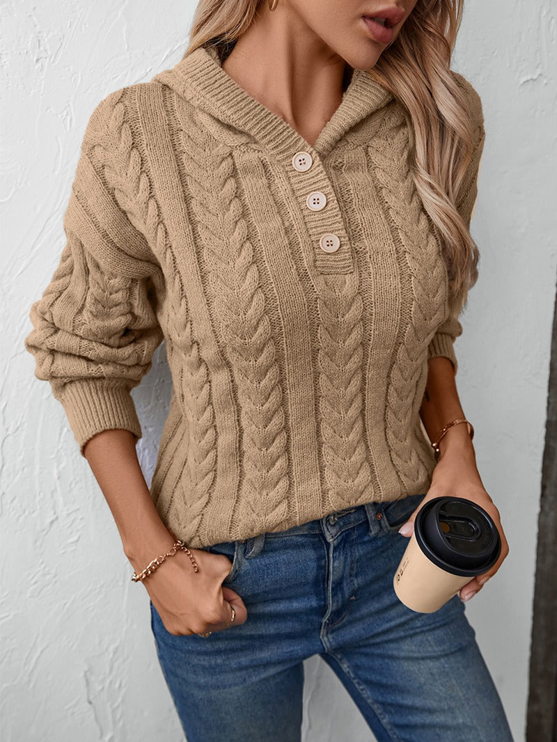 Women’s Knitted Top – Relaxed Fit – Cable Knit – Henley Neck – Long Sleeve