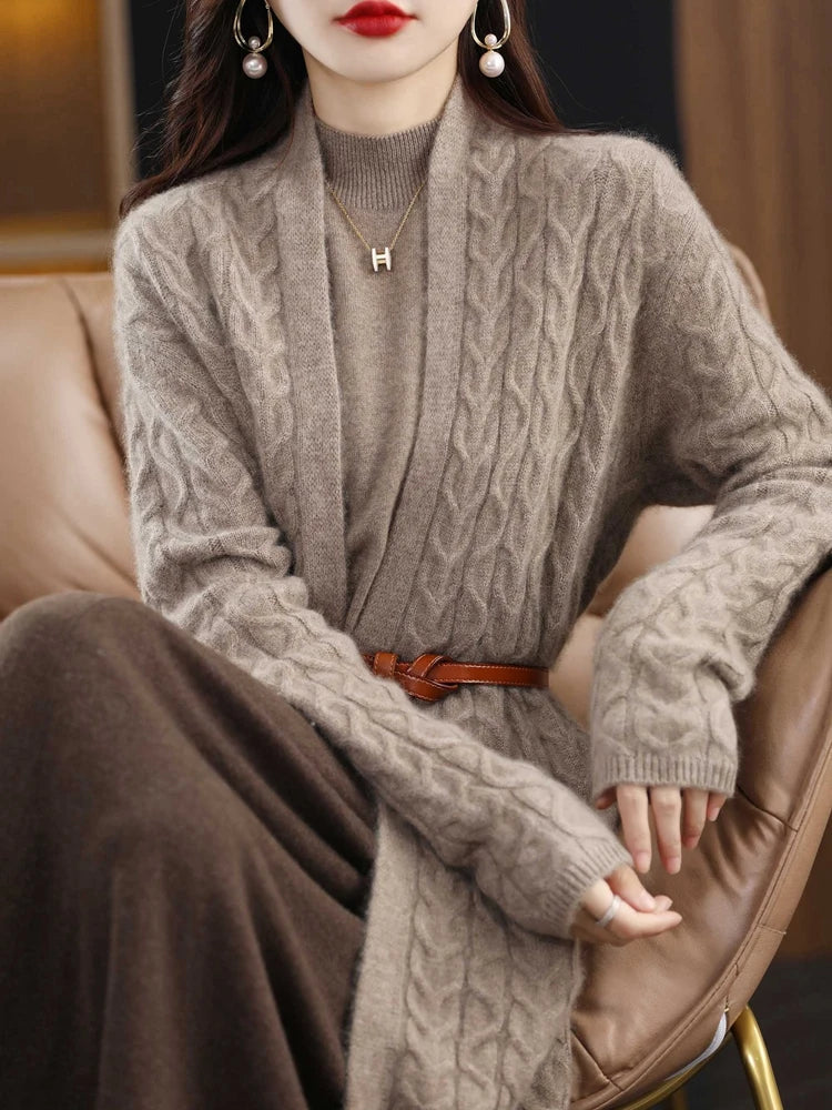 Women’s Long Cardigan – Wool Knit – Relaxed Fit – Cable Pattern – Belted Waist