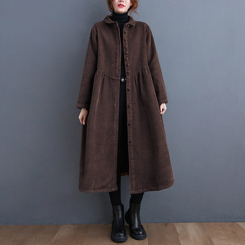 Women’s Long Coat – Corduroy A-Line – Loose Fit – High Neck – Button Front – Midi Length