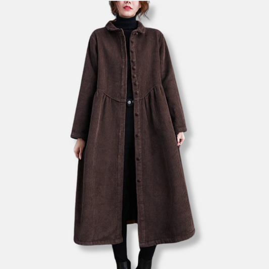 Women’s Long Coat – Corduroy A-Line – Loose Fit – High Neck – Button Front – Midi Length