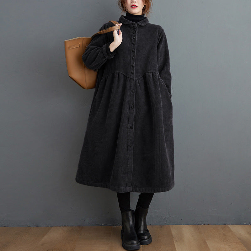 Women’s Long Coat – Corduroy A-Line – Loose Fit – High Neck – Button Front – Midi Length