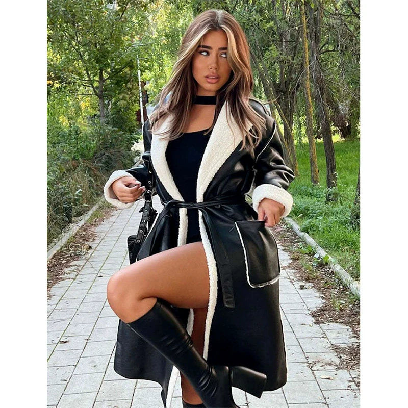 Women’s Long Coat – Oversized Fit – Wrap Style with Plush Trim and Tie Belt